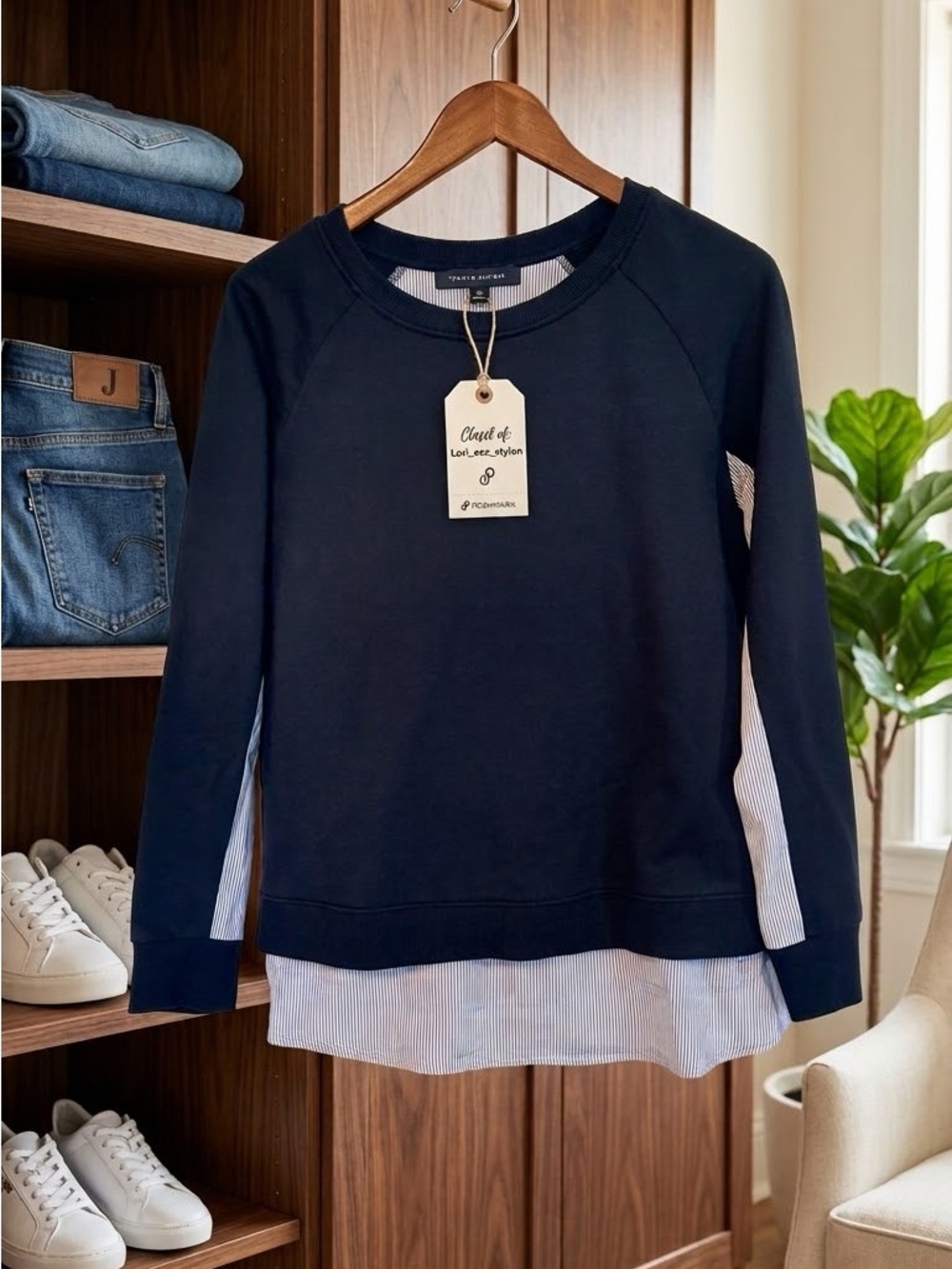 Tommy Hilfiger Navy Crewneck Sweater with Striped Shirt Hem